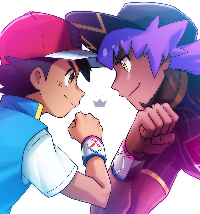 2boys ash_ketchum bangs baseball_cap black_hair blue_jacket bright_pupils brown_eyes champion_uniform clenched_hand closed_mouth commentary_request dark-skinned_male dark_skin dododo_dadada dynamax_band eye_contact face-to-face facial_hair hand_up hat jacket leon_(pokemon) long_hair looking_at_another male_focus multiple_boys pokemon pokemon_(anime) pokemon_swsh_(anime) purple_hair red_headwear shirt short_hair short_sleeves sleeveless sleeveless_jacket smile white_pupils yellow_eyes