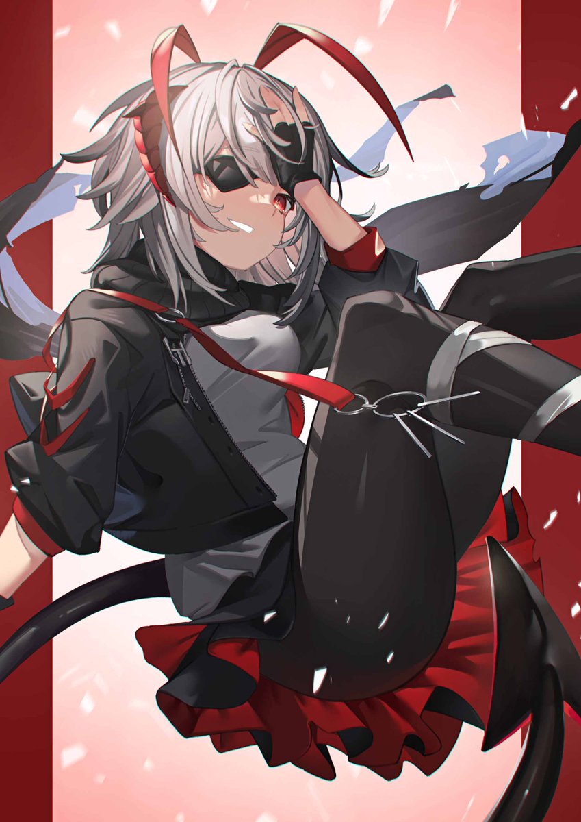 1girl antenna_hair arknights bandaged_leg bandages bangs black_jacket black_scarf demon_girl demon_horns demon_tail eyepatch fingerless_gloves gloves hand_on_own_head highres horns jacket medium_hair pantyhose parted_lips red_eyes scarf silver_hair skirt solo tail w_(arknights) yatsutsuki