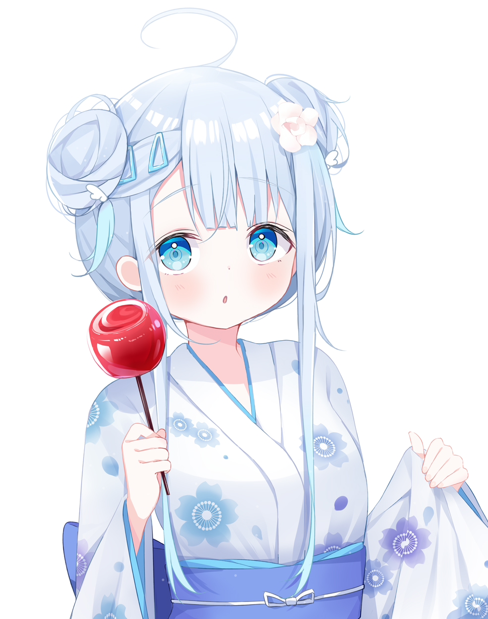 1girl ahoge amatsuka_uto bangs blue_eyes blush breasts candy_apple deyui double_bun eyebrows_visible_through_hair floral_print flower food hair_flower hair_ornament hairclip hands_up highres holding holding_food indie_virtual_youtuber japanese_clothes kimono long_hair long_sleeves looking_at_viewer obi parted_lips pinching_sleeves print_kimono sash sidelocks silver_hair simple_background sleeves_past_wrists small_breasts solo upper_body virtual_youtuber white_background white_flower white_kimono wide_sleeves