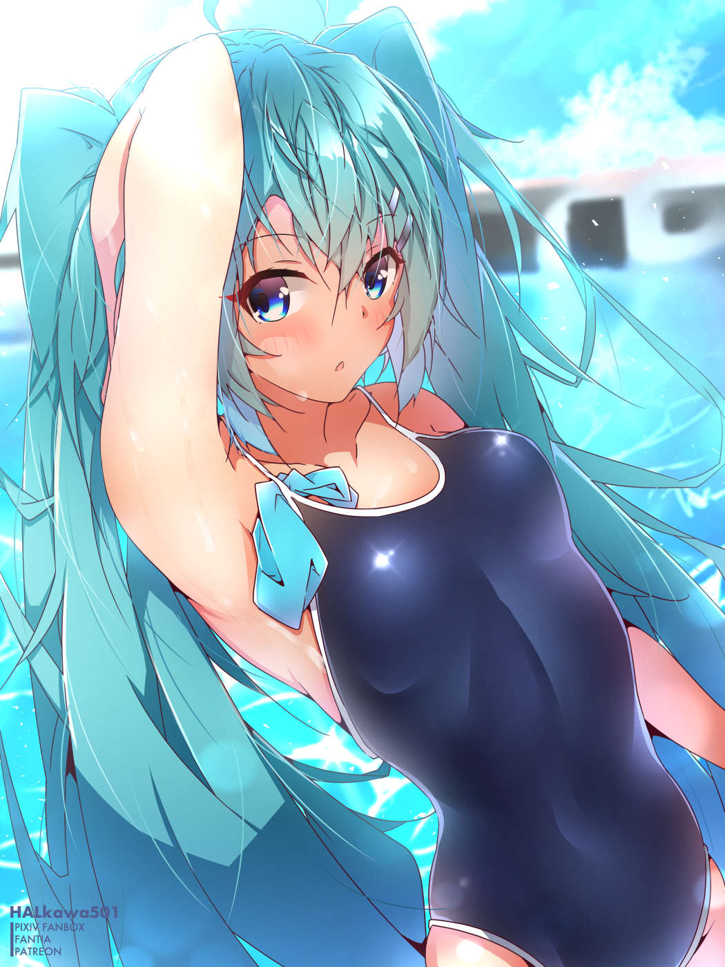 1girl ahoge arm_up artist_name bangs blue_eyes blue_hair blue_swimsuit blurry blurry_background blush breasts collarbone day eyebrows_visible_through_hair hair_between_eyes halkawa501 hatsune_miku highres long_hair looking_at_viewer open_mouth outdoors school_swimsuit shiny shiny_hair small_breasts solo spaghetti_strap standing swimsuit twintails very_long_hair vocaloid watermark