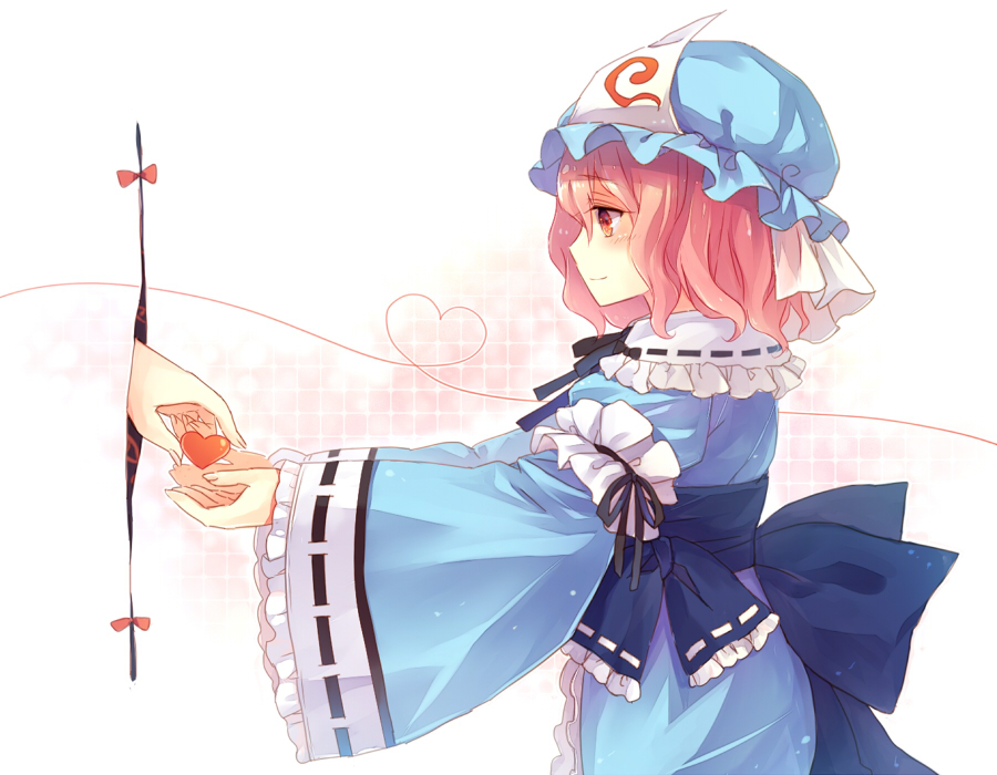 2girls bangs blue_headwear blue_kimono blue_sash closed_mouth from_side gap_(touhou) hat heart holding japanese_clothes kimono lilith_(lilithchan) long_sleeves mob_cap multiple_girls pink_eyes pink_hair ribbon-trimmed_sleeves ribbon_trim saigyouji_yuyuko sash short_hair smile standing touhou triangular_headpiece wide_sleeves yakumo_yukari yuri