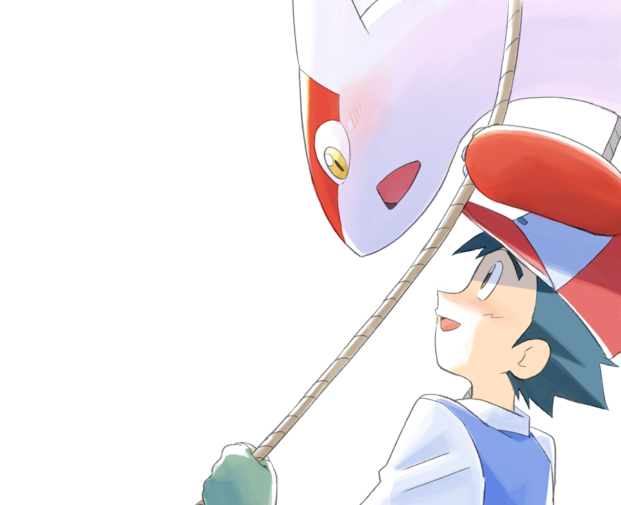 1boy :d ash_ketchum bangs baseball_cap black_hair blush brown_eyes dododo_dadada fingerless_gloves gen_3_pokemon gloves green_gloves hat holding jacket latias legendary_pokemon looking_up male_focus open_mouth pokemon pokemon_(anime) pokemon_(classic_anime) pokemon_(creature) red_headwear rope short_hair simple_background smile tongue white_background yellow_eyes