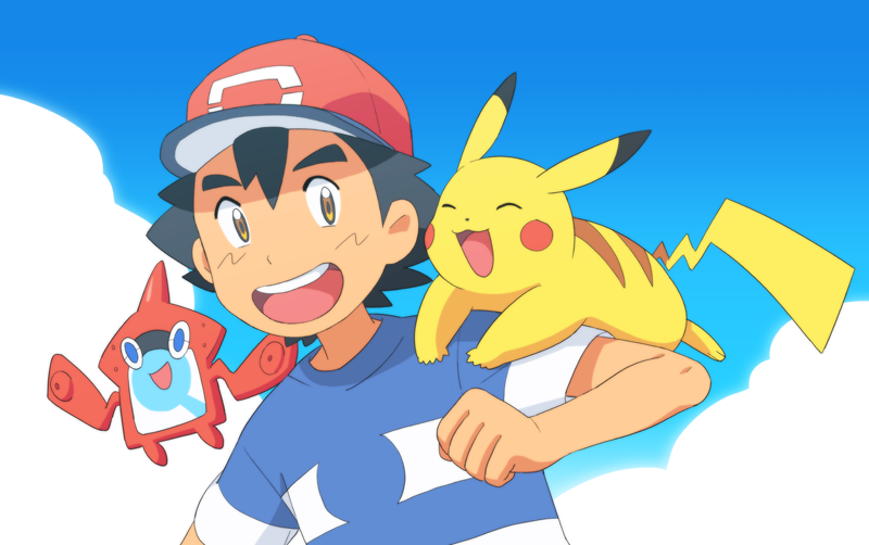 1boy :d ash_ketchum bangs baseball_cap black_hair brown_eyes clouds commentary_request day dododo_dadada gen_1_pokemon gen_4_pokemon hand_up hat looking_to_the_side male_focus on_shoulder open_mouth outdoors pikachu pokemon pokemon_(anime) pokemon_(creature) pokemon_on_shoulder pokemon_sm_(anime) red_headwear rotom rotom_dex shirt short_hair short_sleeves sky smile striped striped_shirt t-shirt tongue upper_body upper_teeth