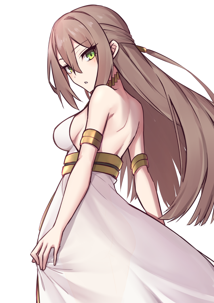 1girl adele_(fate) armlet bangs bare_shoulders breasts brown_hair dress elfenlied22 fate/grand_order fate_(series) green_eyes hair_between_eyes jewelry large_breasts long_hair looking_at_viewer looking_back neck_ring parted_lips simple_background solo underbust very_long_hair white_background white_dress