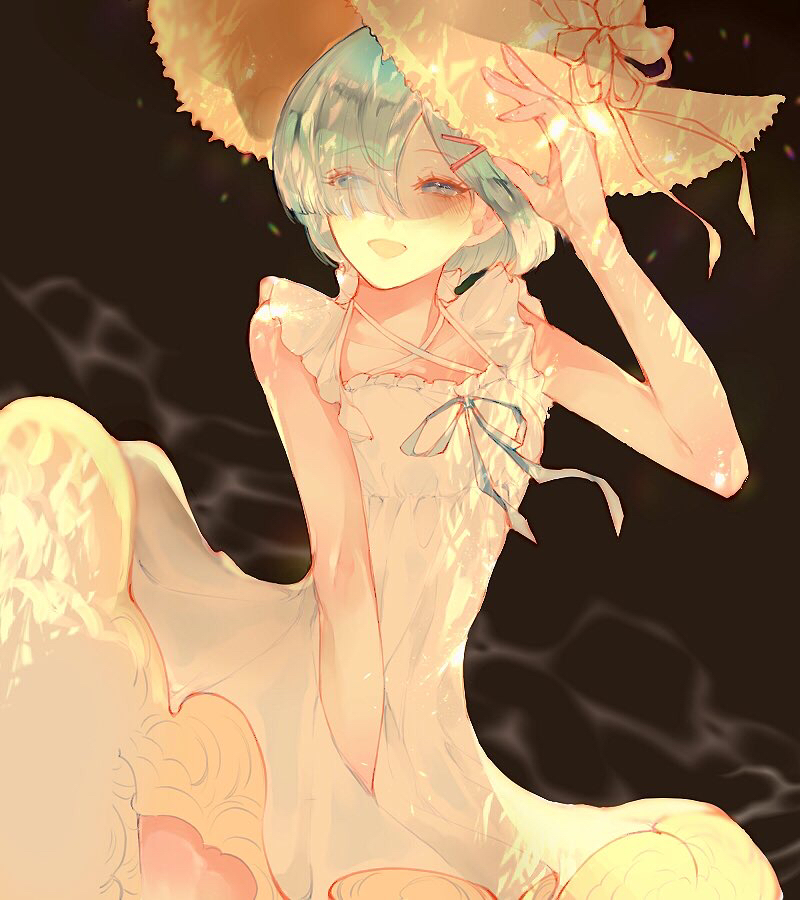 1girl bare_shoulders blue_eyes blue_ribbon blush brown_headwear charu_(mmg_g99) dress eyebrows_visible_through_hair eyelashes eyes_visible_through_hair flower hair_ornament hair_over_one_eye hairclip half-closed_eyes hat hat_flower hat_ribbon light_blue_eyes light_blue_hair long_eyelashes open_mouth re:zero_kara_hajimeru_isekai_seikatsu rem_(re:zero) ribbon short_hair smile solo sun_hat white_dress