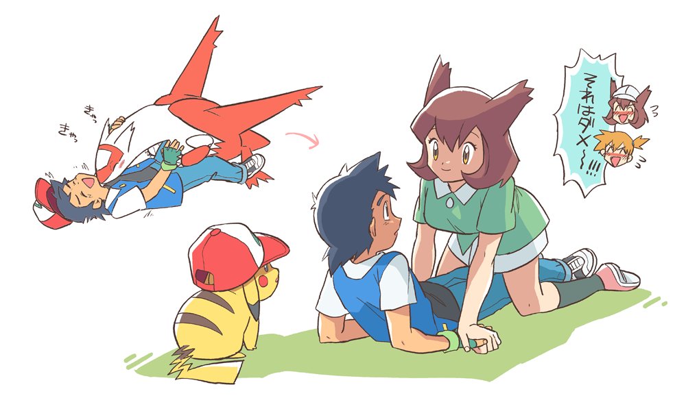 1boy 3girls all_fours arrow_(symbol) ash_ketchum bianca_(pokemon_m05) black_hair black_legwear blue_pants blush brown_eyes brown_hair chibi chibi_inset claws closed_eyes closed_mouth dododo_dadada eye_contact fingerless_gloves flying_sweatdrops gen_1_pokemon gen_3_pokemon gloves green_gloves green_shirt hatted_pokemon jacket latias legendary_pokemon looking_at_another misty_(pokemon) multiple_girls open_mouth pants pikachu pink_footwear pokemon pokemon_(anime) pokemon_(classic_anime) pokemon_(creature) pokemon_m05 shirt shoes short_hair short_sleeves skirt smile sneakers socks translation_request white_skirt |d