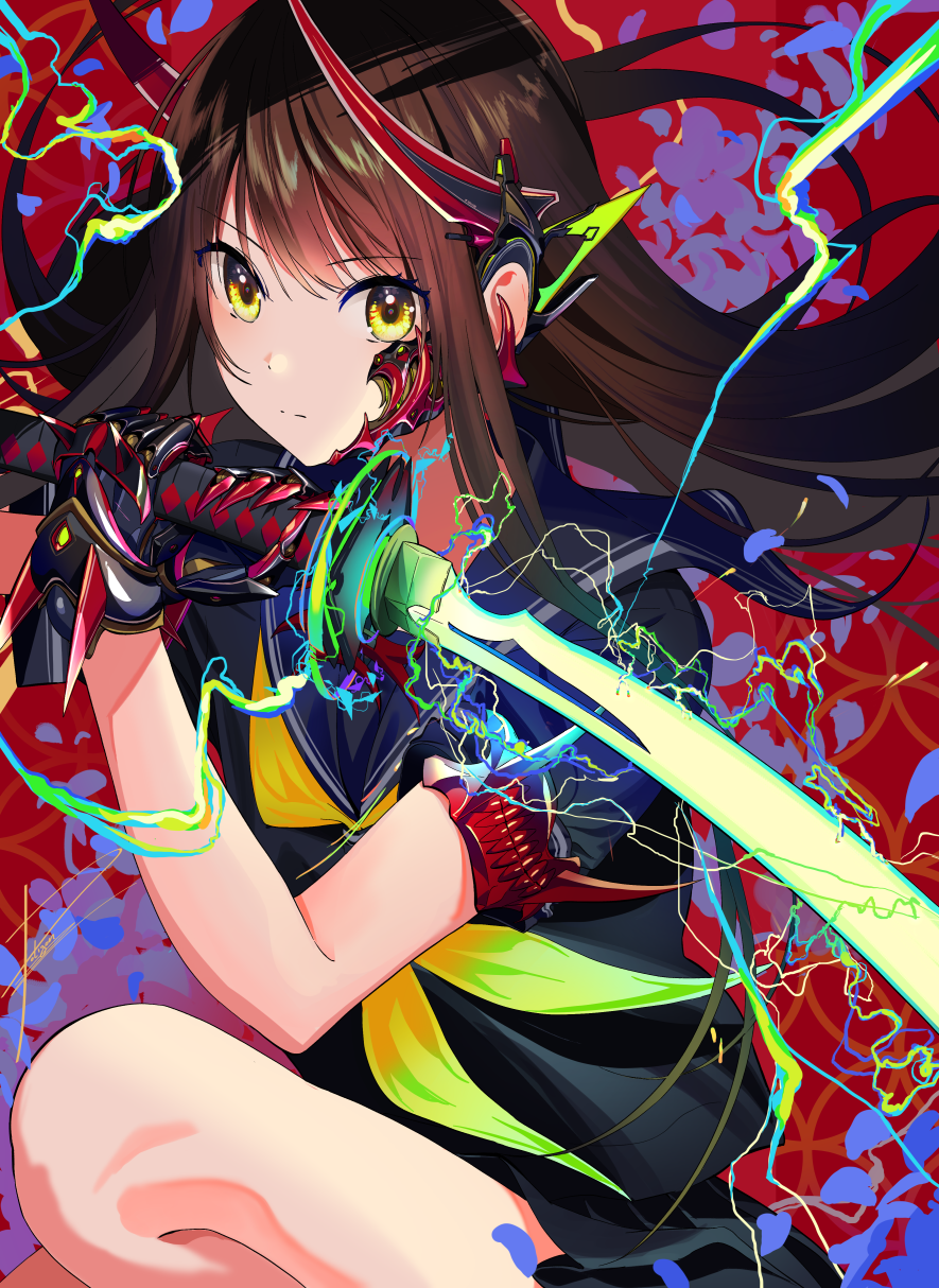 1girl bangs black_shirt brown_hair electricity eyebrows_visible_through_hair floating_hair green_neckwear headgear highres holding holding_sword holding_weapon long_hair looking_at_viewer multicolored multicolored_background original parted_lips poligon_(046) sailor_collar school_uniform serafuku shirt short_sleeves solo swept_bangs sword upper_body weapon yellow_eyes