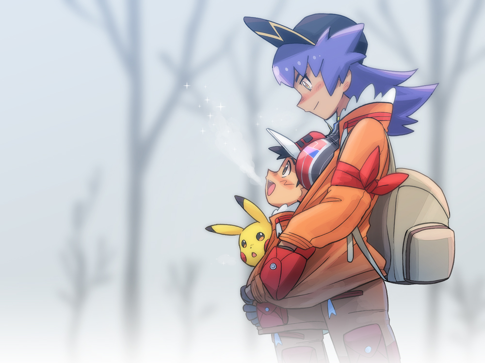 1boy 1girl :d alternate_costume arm_ribbon ash_ketchum backpack bag bangs bare_tree baseball_cap black_hair black_headwear blush breasts brown_bag closed_mouth commentary_request dark-skinned_female dark_skin dododo_dadada expedition_uniform fur-trimmed_jacket fur_trim gen_1_pokemon genderswap genderswap_(mtf) hat jacket leon_(pokemon) long_hair looking_down open_mouth orange_jacket orange_pants outdoors pants pikachu pokemon pokemon_(anime) pokemon_(creature) pokemon_swsh_(anime) purple_hair red_bag red_headwear ribbon short_hair smile tongue tree upper_teeth yellow_eyes