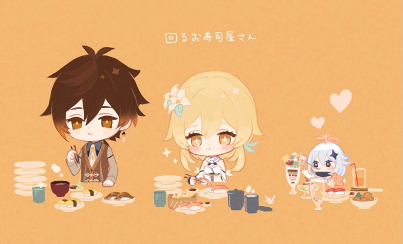 1boy 2girls :t bangs blonde_hair blush brown_eyes brown_hair brown_vest chibi chopsticks closed_mouth cup dessert detached_sleeves dress drinking_straw earrings eating flower food genshin_impact gradient_hair hair_between_eyes hair_flower hair_ornament halo heart heart-shaped_pupils holding holding_chopsticks jewelry long_hair lumine_(genshin_impact) multicolored_hair multiple_girls paimon_(genshin_impact) plate ponytail short_hair_with_long_locks simple_background single_earring steam sushi symbol-shaped_pupils translation_request tyo197snh vest white_dress white_flower white_hair yellow_background yellow_eyes yunomi zhongli_(genshin_impact)