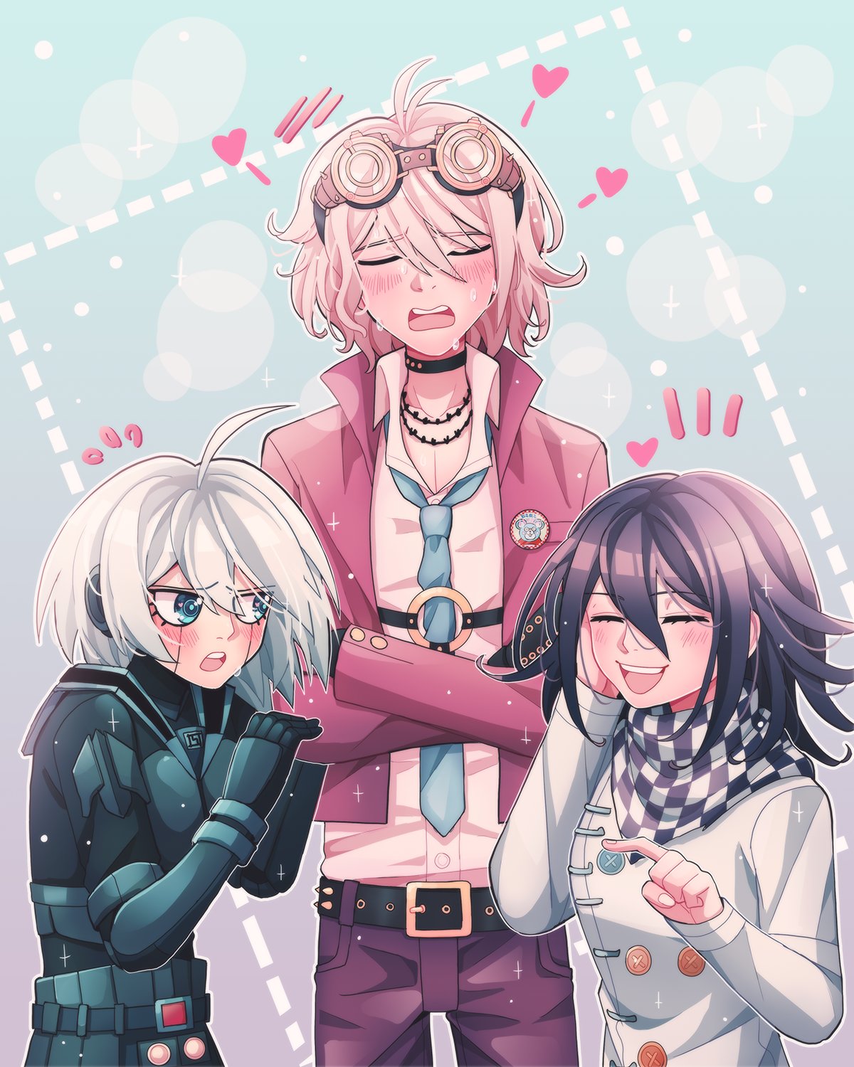 1boy 2girls ahoge antenna_hair bangs barbed_wire belt black_belt black_choker black_scarf blush buttons checkered checkered_neckwear checkered_scarf cheer_(cheerkitty14) choker collarbone collared_shirt crossed_arms dangan_ronpa_(series) dangan_ronpa_v3:_killing_harmony double-breasted dress_shirt flying_sweatdrops genderswap genderswap_(ftm) genderswap_(mtf) goggles goggles_on_head green_background grey_eyes grey_hair hand_up heart highres iruma_miu jacket keebo long_sleeves male_focus multiple_girls necktie notice_lines o-ring open_mouth ouma_kokichi pants pink_jacket pink_pants pointing_at_another power_armor scarf shirt straitjacket upper_teeth white_scarf white_shirt