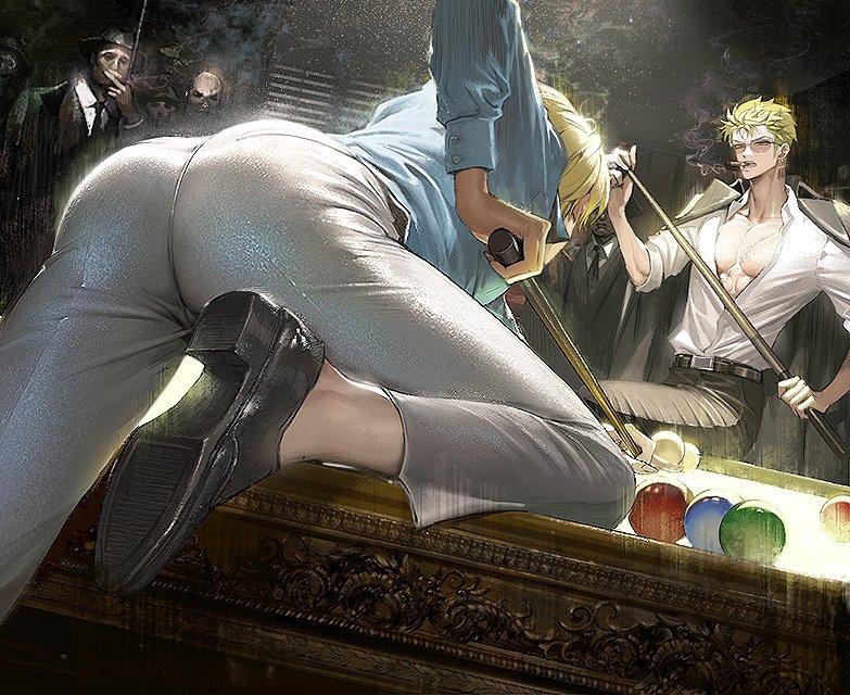 5boys alternate_costume aqua_shirt ass billiards blonde_hair character_request cigarette coat coat_on_shoulders earrings feet formal green_hair hair_over_one_eye jewelry large_pectorals male_cleavage male_focus multiple_boys one_piece pants partially_unbuttoned pectorals roronoa_zoro runa_(artist) sanji scar scar_on_chest shirt shoes short_hair sideburns single_earring smoking toned toned_male white_pants white_shirt