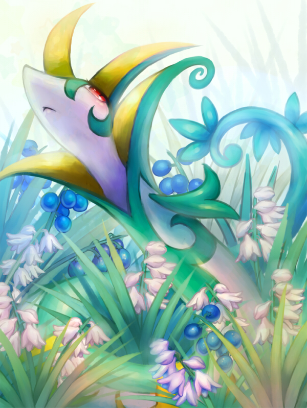 berry blush closed_mouth commentary_request eyelashes flower gen_5_pokemon grass kikuyoshi_(tracco) looking_up no_humans pokemon pokemon_(creature) red_eyes serperior snake solo