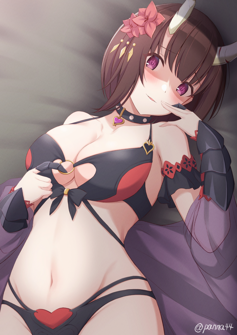 +_+ 1girl bikini bikini_pull black_bikini black_choker blush bracer breasts brown_hair choker claw_ring cleavage_cutout clothes_pull clothing_cutout commentary_request demon_girl demon_horns eriko_(princess_connect!) flower hair_flower hair_ornament heart heart_choker highres horns looking_at_viewer lying midriff navel o-ring o-ring_bikini o-ring_top official_alternate_costume on_back panna444 princess_connect! purple_shawl see-through see-through_shawl shawl short_hair solo swimsuit symbol-shaped_pupils twitter_username violet_eyes