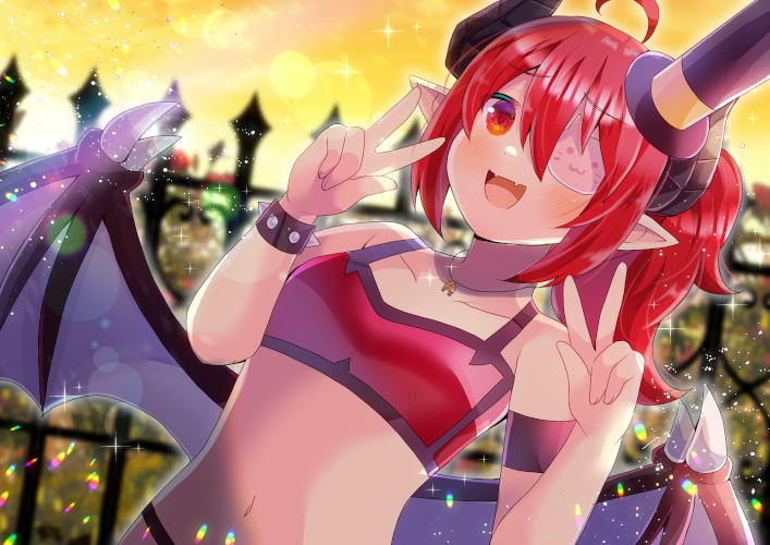 1girl :d ahoge bangs bare_shoulders black_headwear blurry blurry_background blush breasts collarbone demon_girl demon_horns demon_wings depth_of_field double_v eyebrows_visible_through_hair eyepatch fangs fence hair_between_eyes hands_up hat horns kou_hiyoyo long_hair mini_hat mini_top_hat navel open_mouth original pointy_ears ponytail purple_wings red_eyes redhead small_breasts smile solo tilted_headwear top_hat v wings
