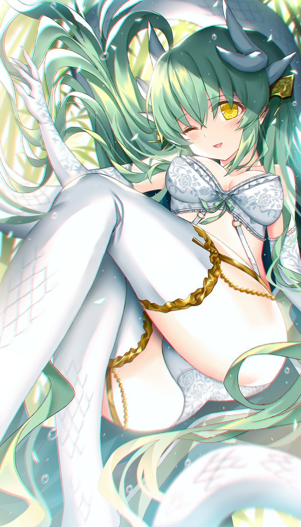1girl bra breasts dragon_girl dragon_horns elbow_gloves fate/grand_order fate_(series) gloves green_hair highres horns kiyohime_(fate) large_breasts morizono_shiki multiple_horns one_eye_closed panties solo thigh-highs underwear underwear_only white_bra white_gloves white_legwear white_panties yellow_eyes