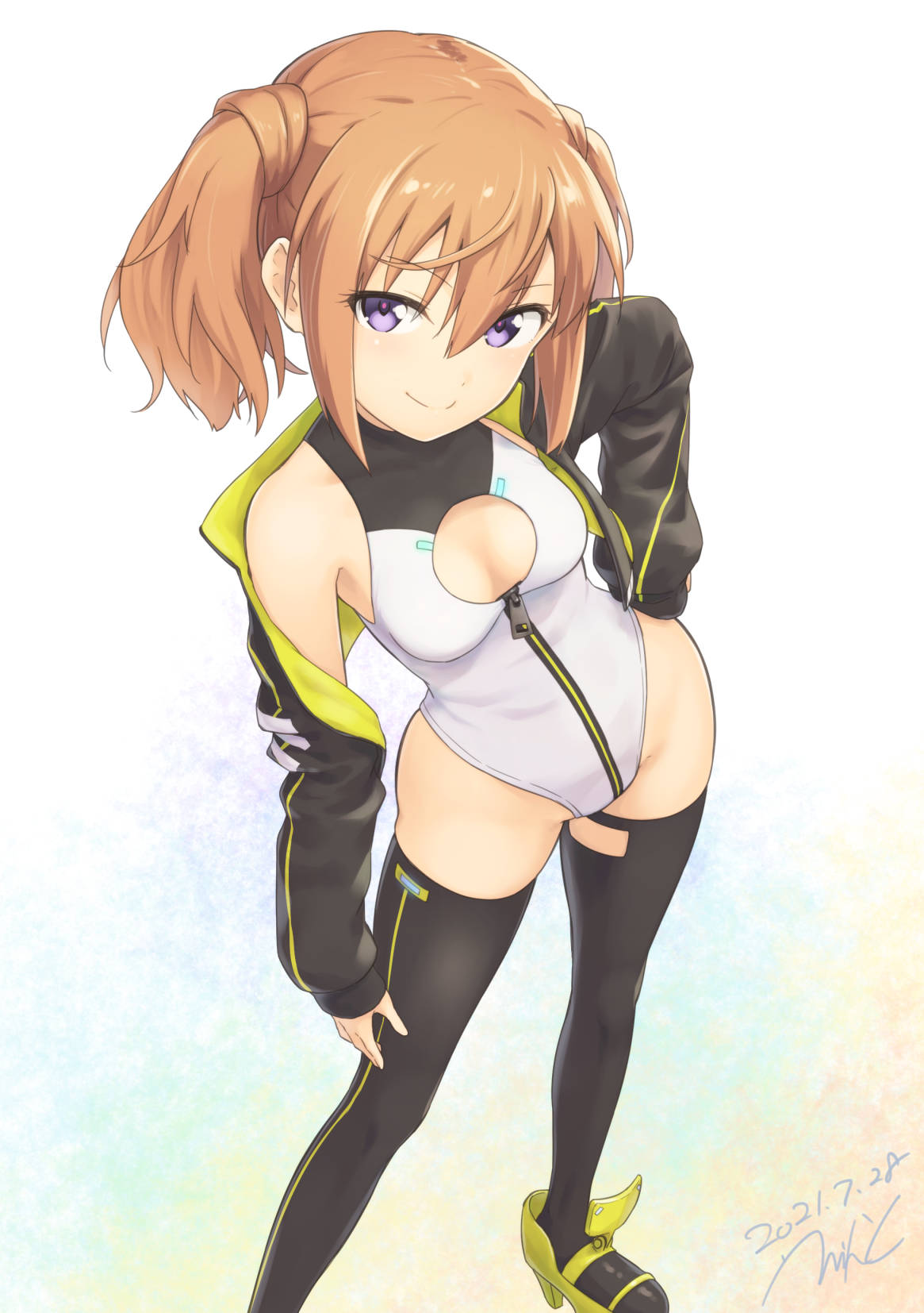 1girl alice_gear_aegis black_jacket black_legwear booth_babe breasts brown_hair cleavage_cutout clothing_cutout contrapposto dated errant feet_out_of_frame hand_on_hip highres jacket kimikage_yui leotard medium_hair platform_footwear signature small_breasts solo standing thigh-highs twintails violet_eyes white_background white_leotard zipper_pull_tab