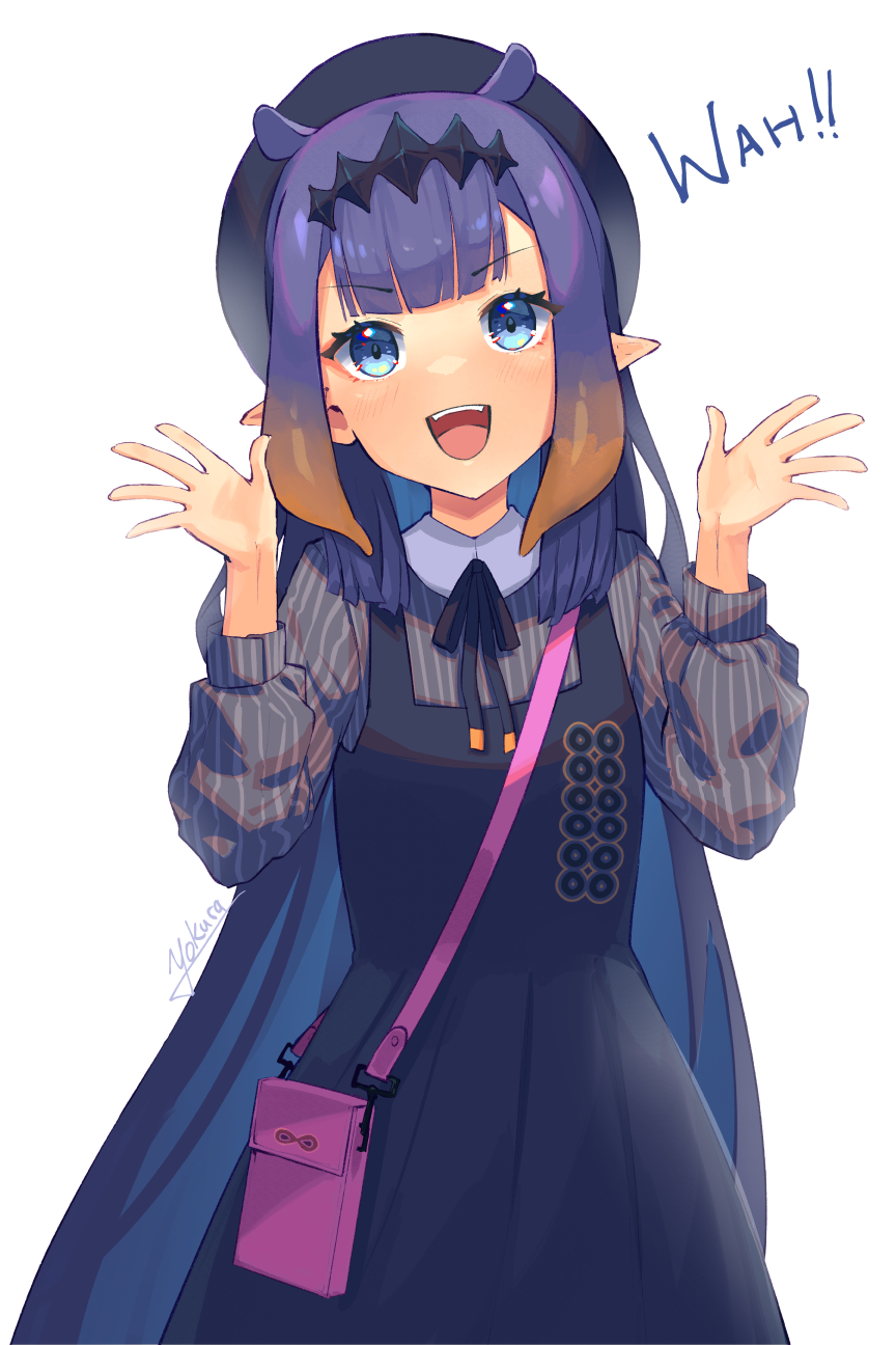 1girl :d bag bangs black_dress blue_eyes catchphrase collared_shirt dress grey_shirt handbag head_tilt highres hololive hololive_english long_hair ninomae_ina'nis open_hands open_mouth pink_bag purple_hair shirt smile solo tentacle_hair very_long_hair virtual_youtuber white_background yokura_(yukilina)