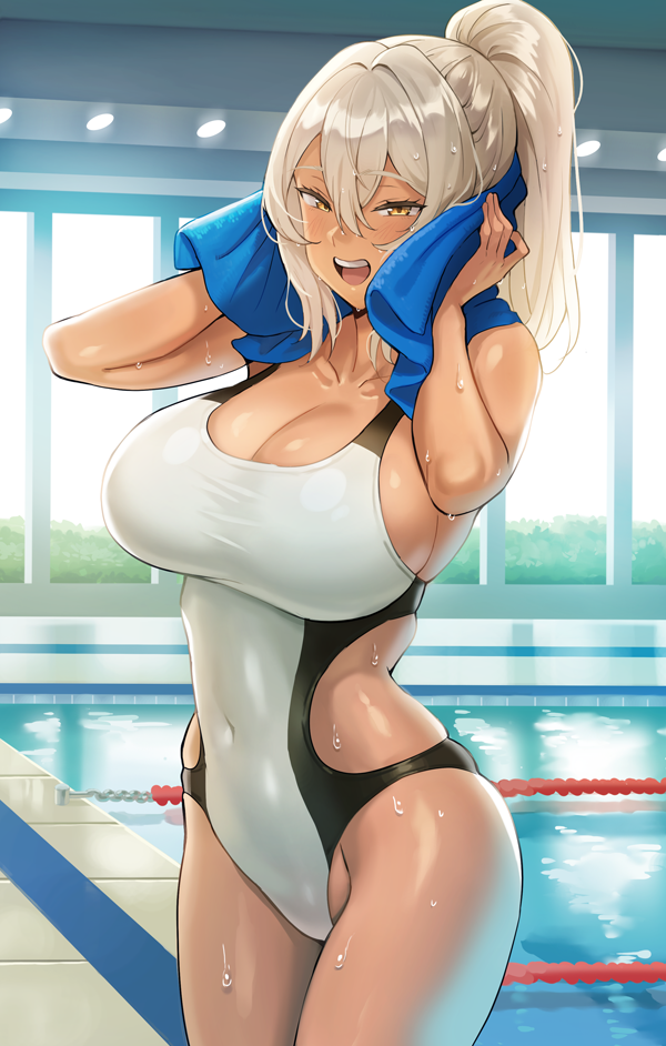 1girl banned_artist breasts collarbone dark-skinned_female dark_skin hair_between_eyes indoors kkamja large_breasts looking_at_viewer one-piece_swimsuit open_mouth original ponytail pool short_hair solo swimsuit teeth towel upper_teeth wet white_hair white_swimsuit yellow_eyes