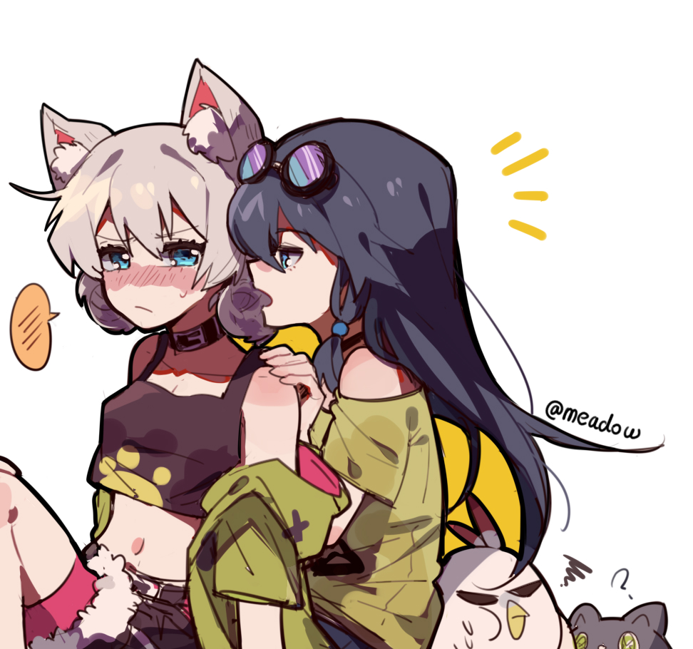 2girls animal_ears antenna_hair bangs bare_shoulders bird black_hair black_shirt blue_eyes blush cat cat_ears chicken closed_mouth denim denim_shorts double_bun eyewear_on_head fu_hua fu_hua_(night_squire) green_jacket green_shirt hair_between_eyes honkai_(series) honkai_impact_3rd jacket kiana_kaslana kiana_kaslana_(knight_moonbeam) long_hair looking_at_another meadow_(morphinecaca) multiple_girls navel open_mouth shirt short_sleeves shorts simple_background sleeveless speech_bubble sunglasses white_background white_hair