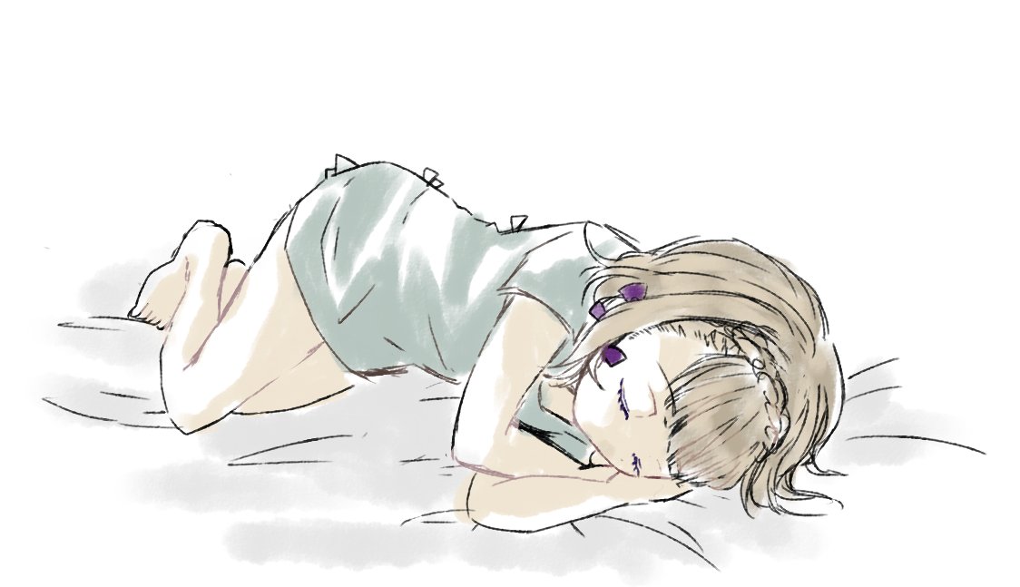 1girl bangs barefoot bed bed_sheet blonde_hair braid briar_rose_(sinoalice) closed_eyes closed_mouth full_body grey_shirt hair_between_eyes hair_ornament kgm_4noa lying on_side pajamas reality_arc_(sinoalice) shirt short_hair short_sleeves simple_background sinoalice sleeping solo toes white_background