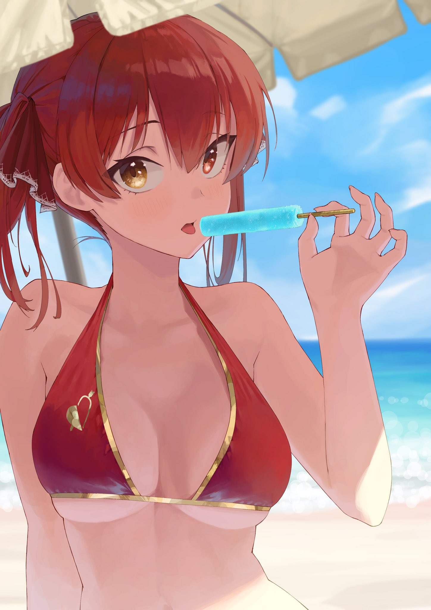 1girl bangs beach beach_umbrella bikini bikini_top breasts food hair_ribbon halterneck highres holding holding_food hololive houshou_marine looking_at_viewer makimaki_makky7 medium_breasts popsicle red_bikini red_eyes redhead ribbon shade solo strap_gap swimsuit tongue twintails umbrella upper_body virtual_youtuber yellow_eyes