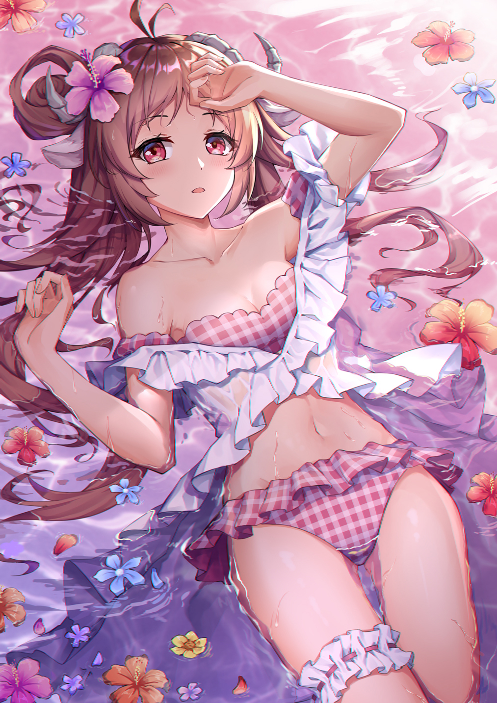 1girl animal_ears antenna_hair arknights arm_up bangs bare_shoulders bikini blue_flower blush breasts brown_hair collarbone commentary_request cowboy_shot eyebrows_visible_through_hair eyjafjalla_(arknights) eyjafjalla_(summer_flowers)_(arknights) flower hair_flower hair_ornament hand_up hibiscus highres horns leg_garter long_hair looking_at_viewer lying medium_breasts midriff navel official_alternate_costume on_back parted_lips partially_submerged petals pink_bikini pink_eyes pink_flower plaid plaid_bikini purple_flower red_flower shaoxiao sheep_ears sheep_girl sheep_horns solo swimsuit water wet yellow_flower