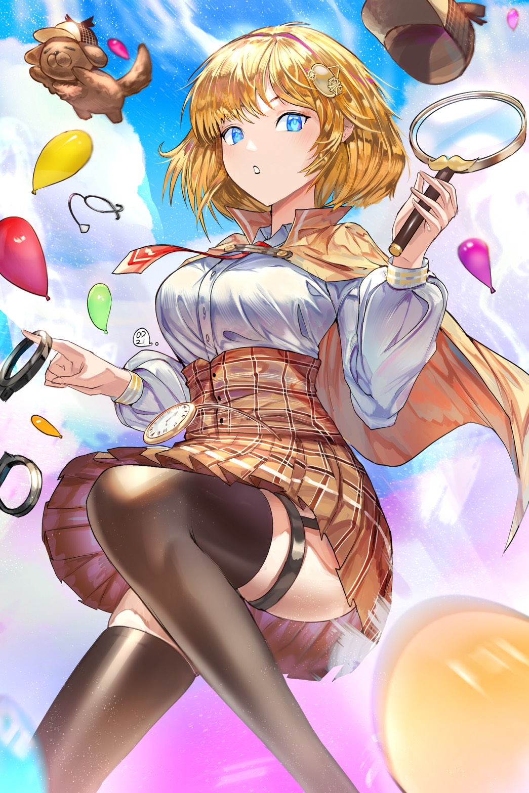 1girl animal balloon blonde_hair blue_eyes blue_sky brown_headwear brown_legwear brown_skirt clouds cloudy_sky cuffs dog garter_belt gears hair_ornament handcuffs hat highres holding holding_magnifying_glass hololive hololive_english jumping looking_at_viewer magnifying_glass medium_hair odyssey_21 parted_lips plaid plaid_skirt red_neckwear signature skirt sky solo stethoscope thigh-highs thigh_strap virtual_youtuber watson_amelia