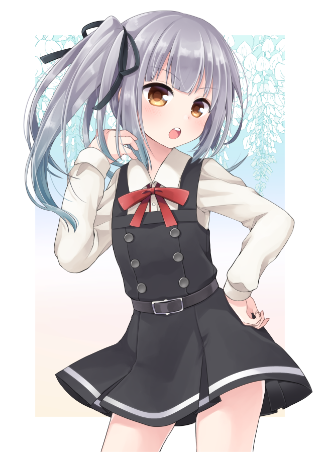 1girl bangs black_dress blue_hair blunt_bangs brown_eyes commission dress eyebrows_visible_through_hair gradient_hair grey_hair hair_ribbon hand_on_hip kantai_collection kasumi_(kancolle) long_hair long_sleeves multicolored_hair nagasioo neck_ribbon open_mouth pinafore_dress red_neckwear remodel_(kantai_collection) ribbon shirt side_ponytail simple_background skeb_commission solo upper_body white_shirt