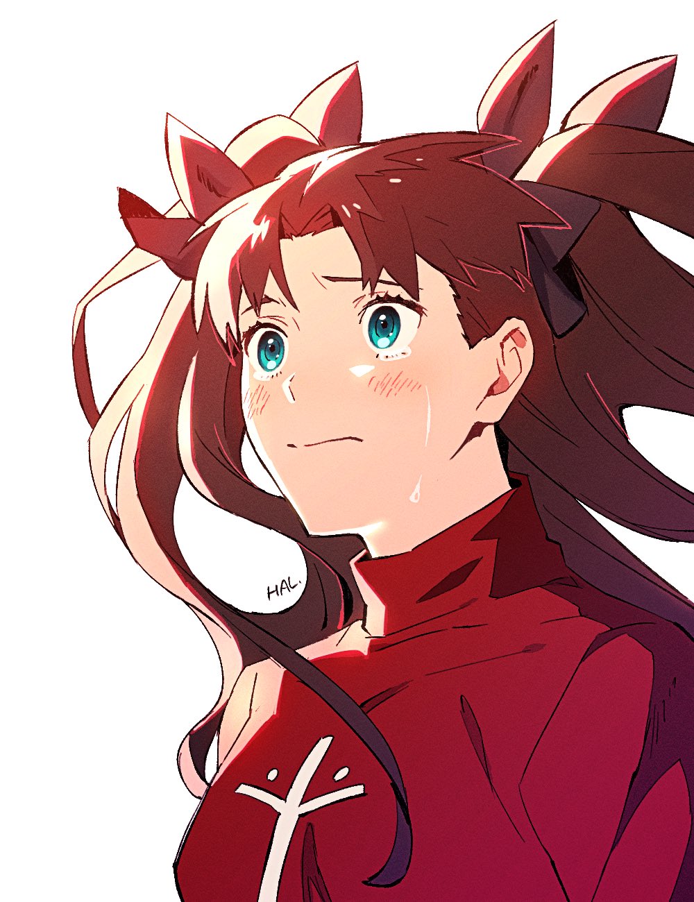 1girl blush breasts brown_hair closed_mouth collared_shirt cross_print crying crying_with_eyes_open fate/stay_night fate_(series) green_eyes hal_(haaaalhal) highres long_hair looking_to_the_side shirt solo tears tohsaka_rin two_side_up upper_body white_background