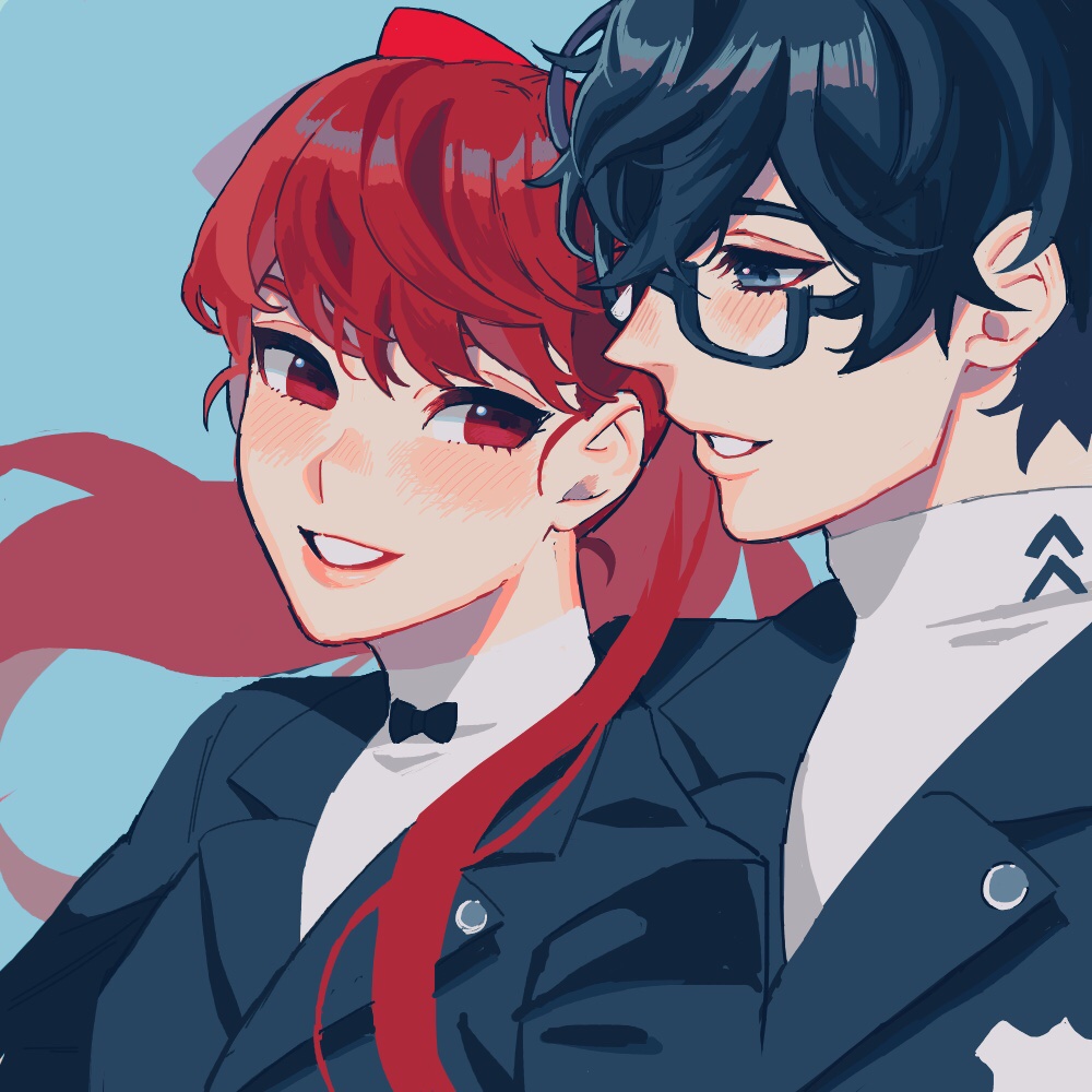 1boy 1girl amamiya_ren bangs black_hair blush couple eye_contact glasses hair_ribbon hetero long_hair looking_at_another persona persona_5 persona_5_the_royal ponytail red_eyes redhead ribbon short_hair shuujin_academy_uniform simple_background smile witchdetective yoshizawa_kasumi