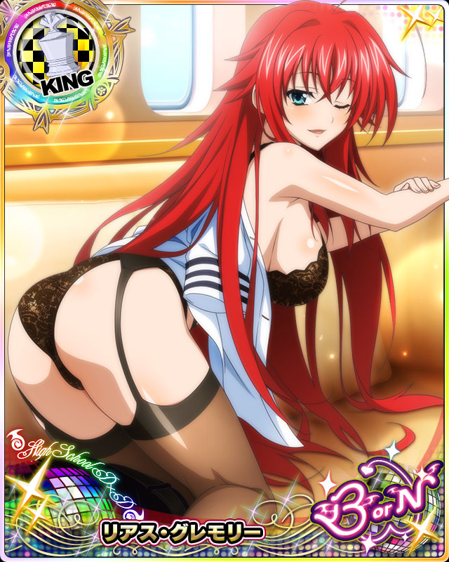 1girl ahoge aircraft airplane ass blue_eyes bra breasts card_(medium) chess_piece day eyebrows_visible_through_hair hair_between_eyes high_school_dxd king_(chess) large_breasts long_hair looking_at_viewer official_art one_eye_closed open_mouth panties redhead rias_gremory solo thigh-highs tongue underwear very_long_hair window