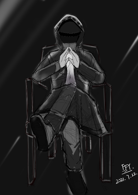 1other ambiguous_gender arknights coat crossed_legs dated doctor_(arknights) greyscale hood hood_up monochrome sitting swirling_leaves