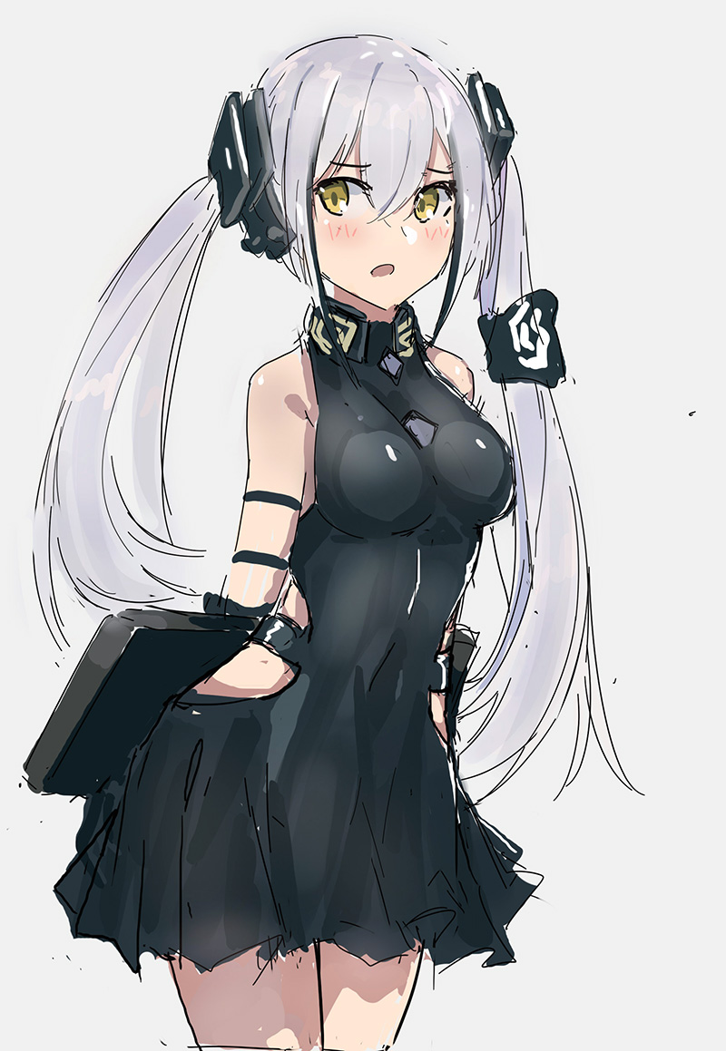 1girl arms_behind_back black_dress breasts cowboy_shot destroyer_(girls_frontline) dress echj girls_frontline hair_between_eyes hair_ornament headgear long_hair medium_breasts open_mouth sangvis_ferri solo twintails white_hair yellow_eyes