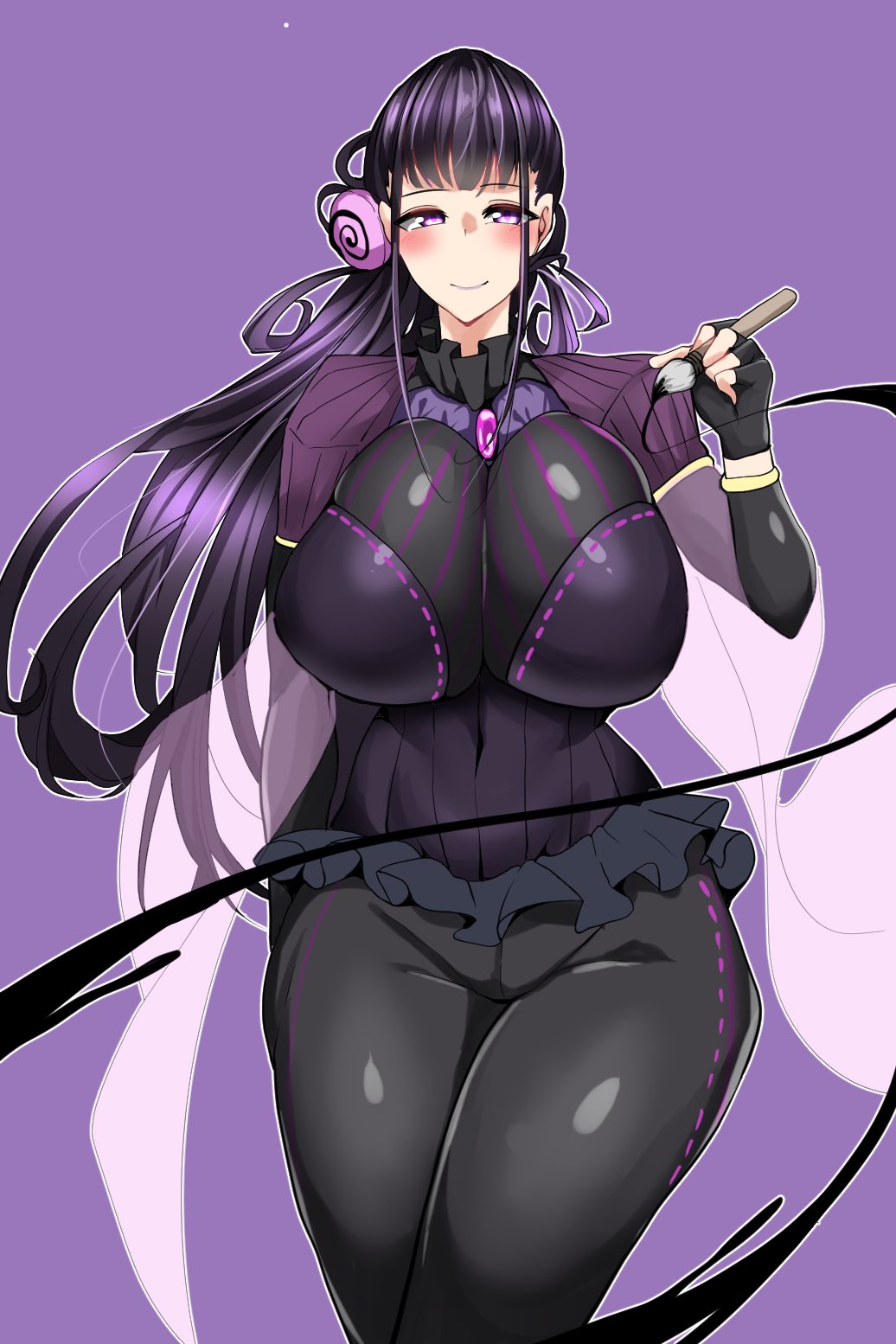 1girl alternate_costume amethyst_(gemstone) black_dress breasts calligraphy_brush dress fate/grand_order fate_(series) fingerless_gloves flower gem gloves herorainbowpaint highres juliet_sleeves large_breasts long_hair long_sleeves looking_at_viewer murasaki_shikibu_(fate) paintbrush ponytail puff_and_slash_sleeves puffy_sleeves smile solo tied_hair violet_eyes wisteria