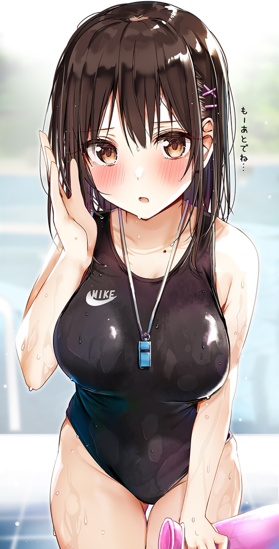 1girl black_swimsuit blush breasts brown_eyes brown_hair commentary_request competition_swimsuit eyebrows_visible_through_hair hair_ornament hand_up highres large_breasts looking_at_viewer mole one-piece_swimsuit original rouka_(akatyann) short_hair swimsuit wet wet_clothes whistle whistle_around_neck x_hair_ornament