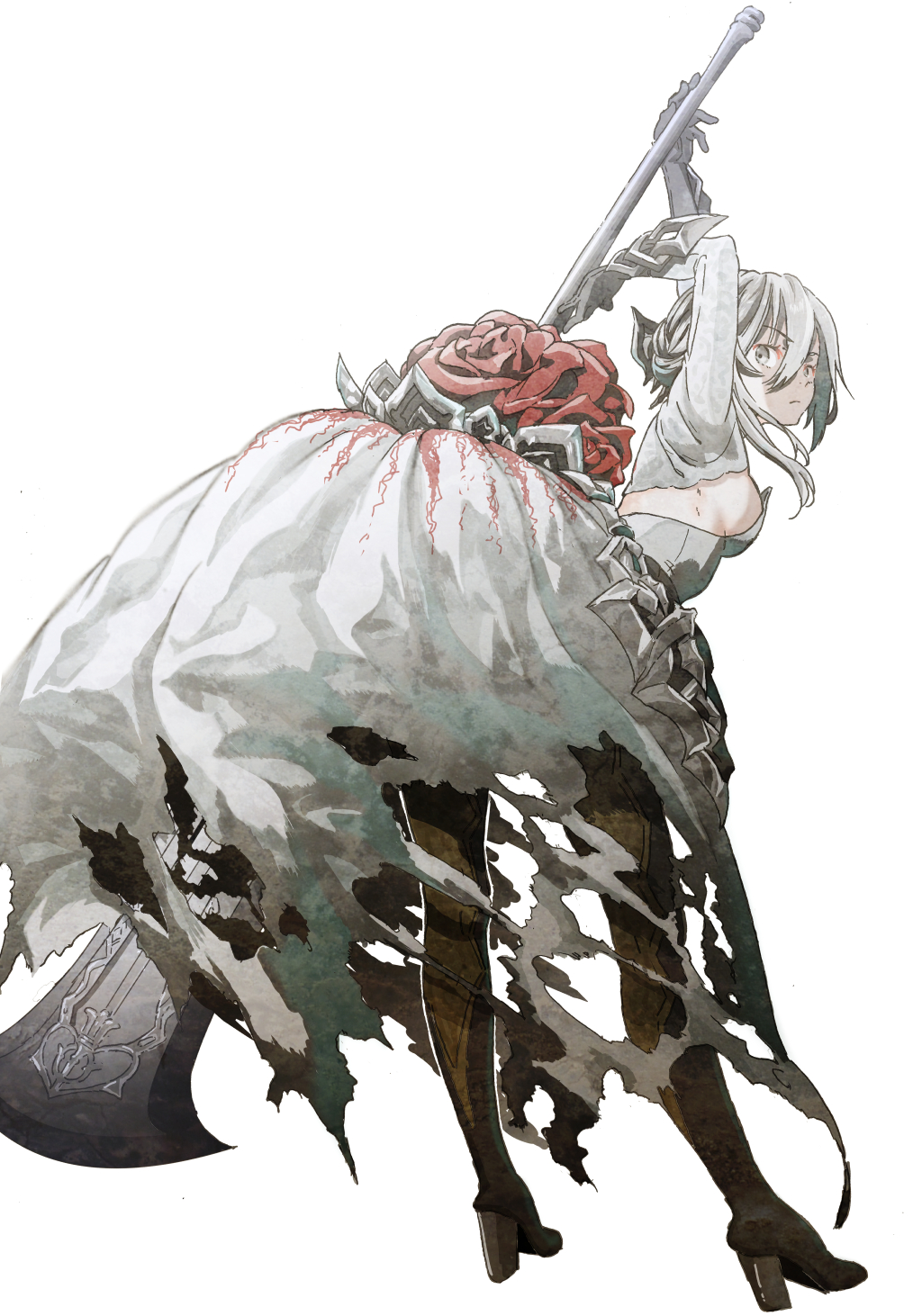 1girl back bangs black_footwear boots breasts closed_mouth dress full_body gauntlets hair_between_eyes hands_up highres holding holding_polearm holding_spear holding_weapon long_sleeves looking_at_viewer looking_back polearm sideboob simple_background sinoalice snow_white_(sinoalice) solo spear thigh-highs thigh_boots torn_clothes torn_dress tsukinowa_kousuke v-shaped_eyebrows weapon white_background white_dress white_eyes white_hair