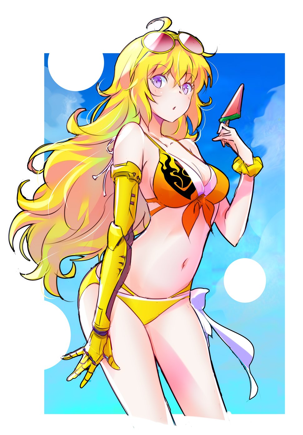 ahoge bare_shoulders bikini blonde_hair breasts eyewear_on_head food highres iesupa large_breasts long_hair midriff popsicle prosthesis prosthetic_arm rwby scrunchie swimsuit violet_eyes watermelon_bar wavy_hair yang_xiao_long yellow_bikini