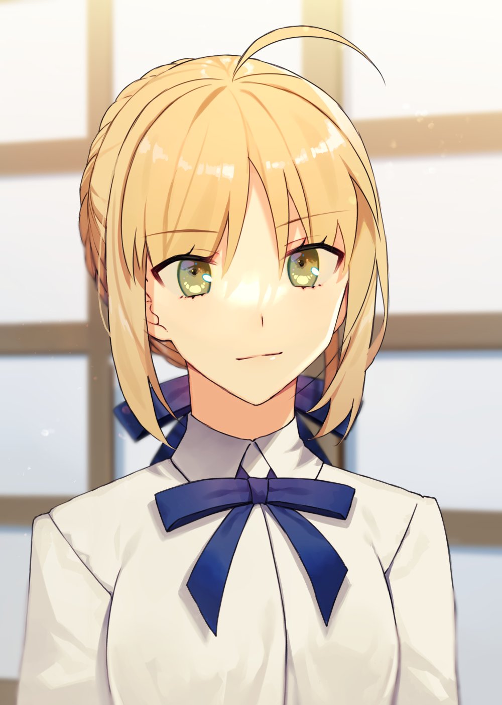 1girl ahoge artoria_pendragon_(all) ayaka_amedama blonde_hair blue_ribbon board_game braid eyebrows_visible_through_hair fate/stay_night fate_(series) french_braid green_eyes hair_ribbon highres neck_ribbon ribbon saber shirt shougi solo upper_body white_shirt