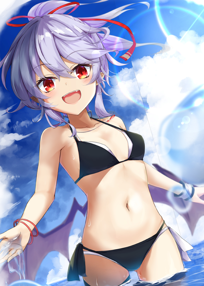 1girl akisome_hatsuka alternate_costume alternate_hairstyle bangle bat_wings bikini blue_bikini blue_hair blue_sky bracelet breasts clouds commentary_request day double_bikini dutch_angle eyebrows_visible_through_hair fang hair_between_eyes horizon jewelry lens_flare looking_at_viewer navel necklace ocean open_mouth outdoors outstretched_arms partial_commentary pointy_ears red_eyes remilia_scarlet short_ponytail sky slit_pupils small_breasts solo spread_arms swimsuit touhou upper_teeth wading water_drop white_bikini wings wrist_cuffs