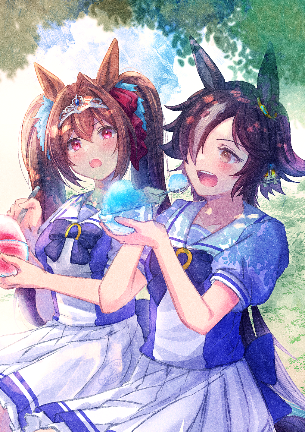 2girls animal_ears bangs black_hair blue_bow blue_shirt blush bow bowl brown_eyes brown_hair commentary_request daiwa_scarlet_(umamusume) eyebrows_visible_through_hair fang hair_between_eyes hair_over_one_eye highres holding holding_bowl holding_spoon horse_ears ittokyu multicolored_hair multiple_girls open_mouth pleated_skirt puffy_short_sleeves puffy_sleeves red_eyes school_uniform shaved_ice shirt short_sleeves skirt spoon streaked_hair tiara tracen_school_uniform twintails umamusume upper_teeth vodka_(umamusume) white_hair white_skirt