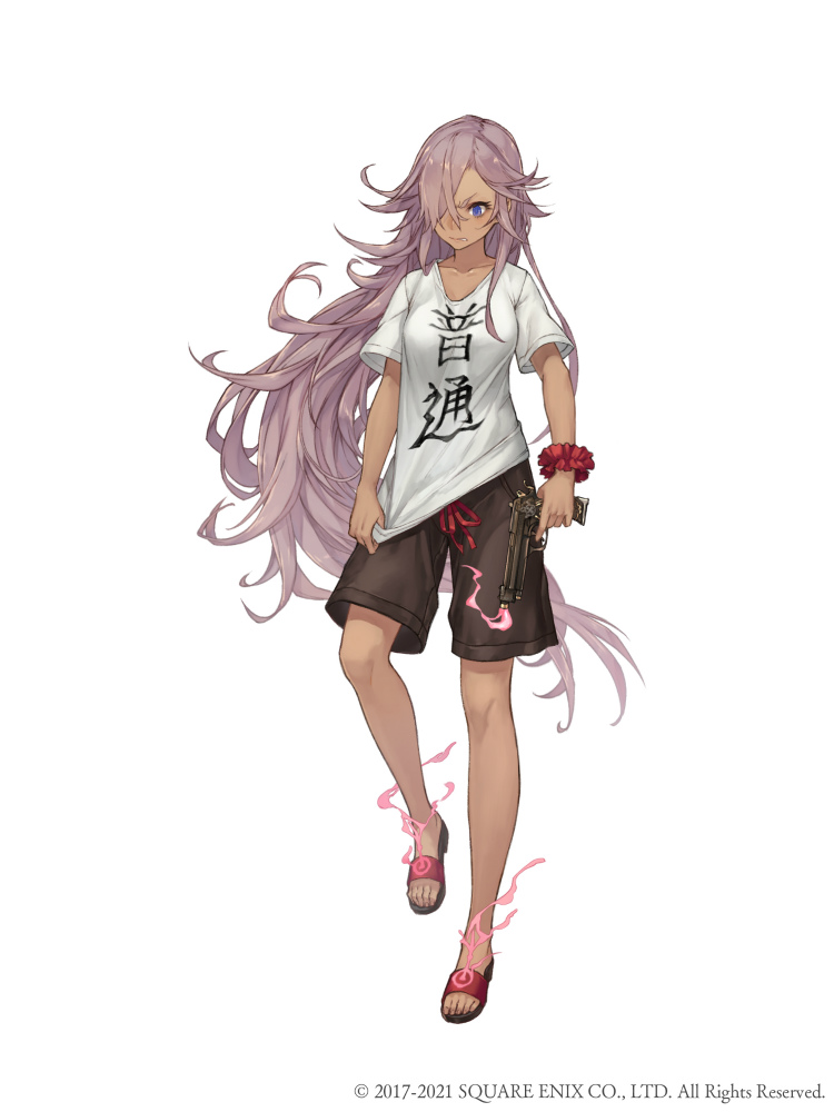 1girl blue_eyes cinderella_(sinoalice) clothes_pull dark_skin full_body gun hair_over_one_eye handgun holding holding_gun holding_weapon ji_no long_hair looking_down official_art purple_hair sandals scowl shirt shirt_pull shorts sinoalice solo square_enix t-shirt very_long_hair weapon white_background white_shirt wristband