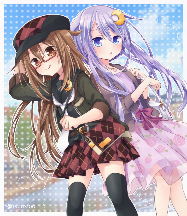 2girls :o :q argyle argyle_skirt bag bangs black_legwear black_serafuku blue_eyes blush brown_eyes brown_hair clouds commission crescent crescent_hair_ornament day floral_print glasses hair_ornament hat heart jacket jewelry kantai_collection long_hair mochizuki_(kancolle) multiple_girls nagasioo necklace official_alternate_costume outdoors parted_lips purple_hair red-framed_eyewear rose_print sailor_collar school_uniform serafuku short_hair_with_long_locks skeb_commission skirt sky thigh-highs tongue tongue_out twitter_username yayoi_(kancolle)