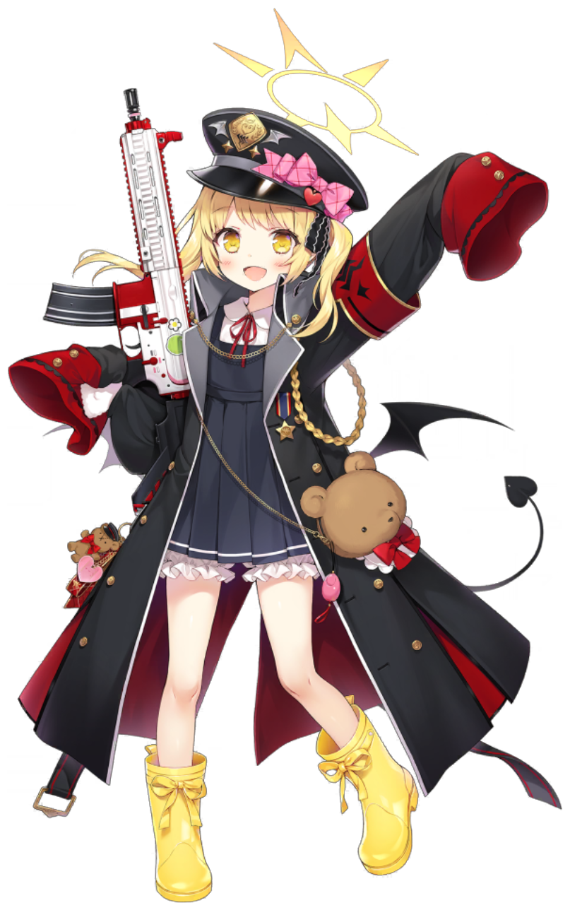 1girl arm_up armband assault_rifle blonde_hair blue_archive blush demon_tail full_body gun halo hat highres ibuki_(blue_archive) jacket long_sleeves looking_at_viewer medium_hair military_hat official_art rifle school_uniform tail transparent_background weapon wings yellow_eyes