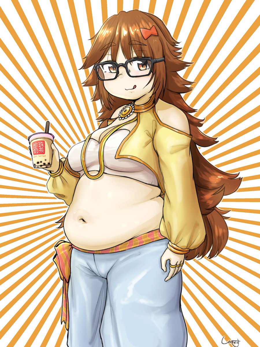 1girl :q bangs bare_shoulders black-framed_eyewear blue_pants bow bra breasts brooch brown_eyes brown_hair bubble_tea closed_mouth clothing_cutout commentary_request crop_top drink eyebrows_visible_through_hair fate/extra fate/extra_ccc fate_(series) feet_out_of_frame glasses hair_bow highres holding holding_drink jewelry jinako_carigiri long_hair long_sleeves looking_at_viewer midriff muffin_top navel off_shoulder pants plump puffy_sleeves ring shigekikkusu shoulder_cutout signature solo striped striped_background tongue tongue_out underwear very_long_hair white_background white_bra
