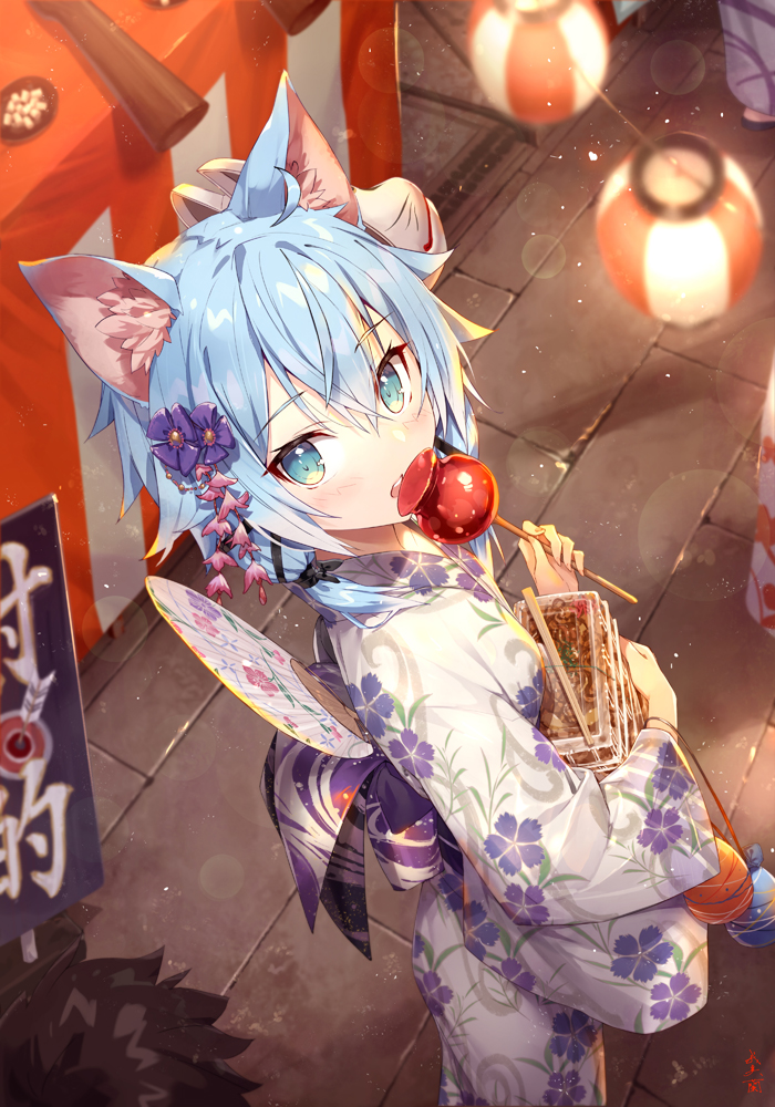1girl animal_ear_fluff animal_ears bangs blue_hair blurry blurry_foreground candy_apple cat_ears commentary_request eyebrows_visible_through_hair floral_print flower food fox_mask from_above gabiran green_eyes hair_between_eyes hair_flower hair_ornament hand_fan holding holding_food japanese_clothes kimono lamp lantern long_sleeves looking_at_viewer looking_up mask mask_on_head night outdoors paper_fan paper_lantern print_kimono purple_flower sinon solo_focus stall summer_festival sword_art_online tail uchiwa white_kimono wide_sleeves yukata