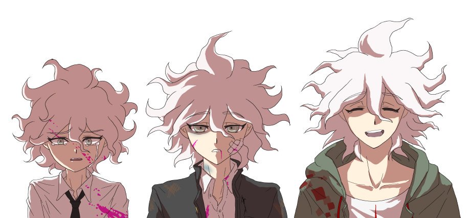 1boy :d age_progression bandaid bandaid_on_cheek bangs black_jacket collarbone collared_shirt crying dangan_ronpa_(series) dangan_ronpa_2:_goodbye_despair english_commentary green_jacket grey_hair jacket komaeda_nagito looking_at_viewer male_focus messy_hair necktie open_mouth pink_blood portrait shirt simple_background smile upper_body white_background white_hair white_shirt yandr4hope younger