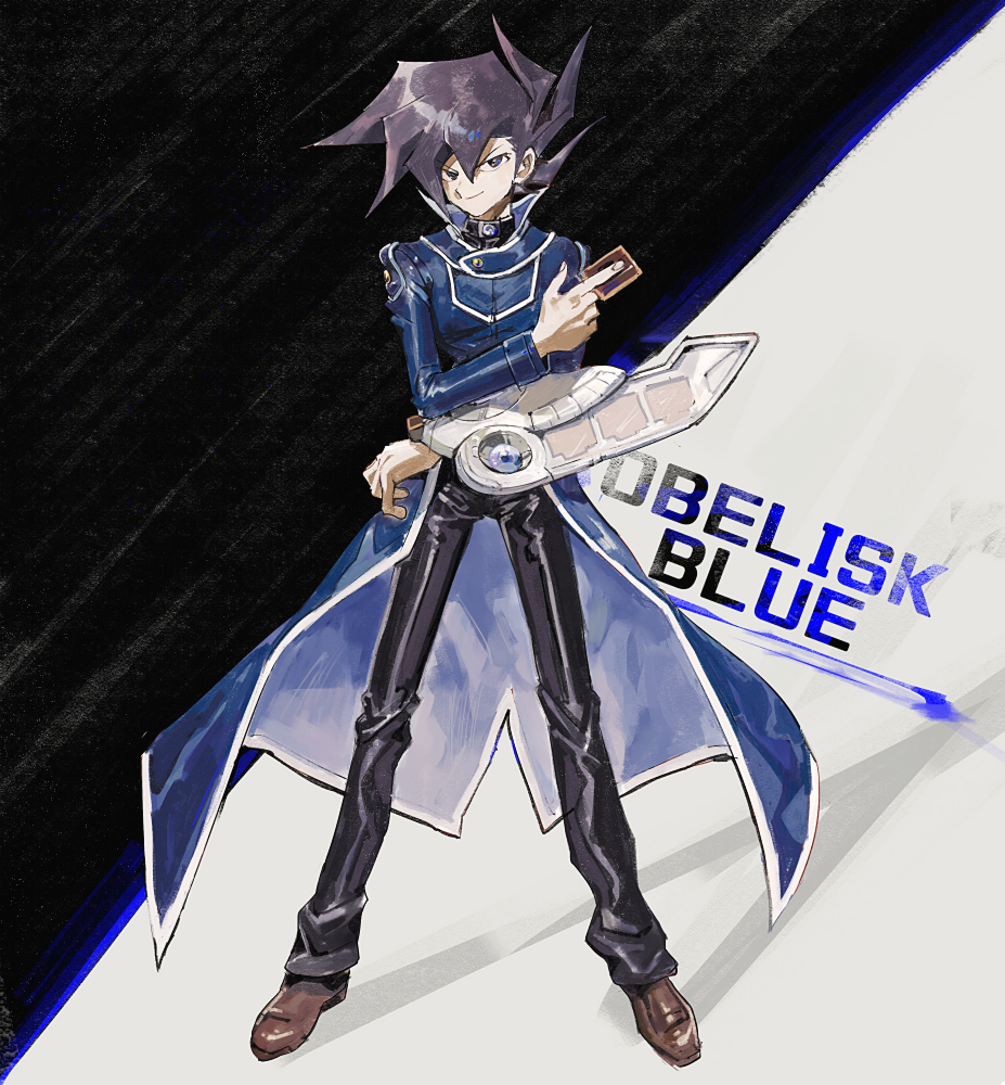 1boy aoki_(fumomo) bangs black_hair black_pants blue_coat brown_footwear card coat duel_disk full_body hair_between_eyes high_collar holding holding_card long_sleeves looking_at_viewer male_focus manjoume_jun pants simple_background smile solo spiky_hair standing two-tone_background yu-gi-oh! yu-gi-oh!_gx