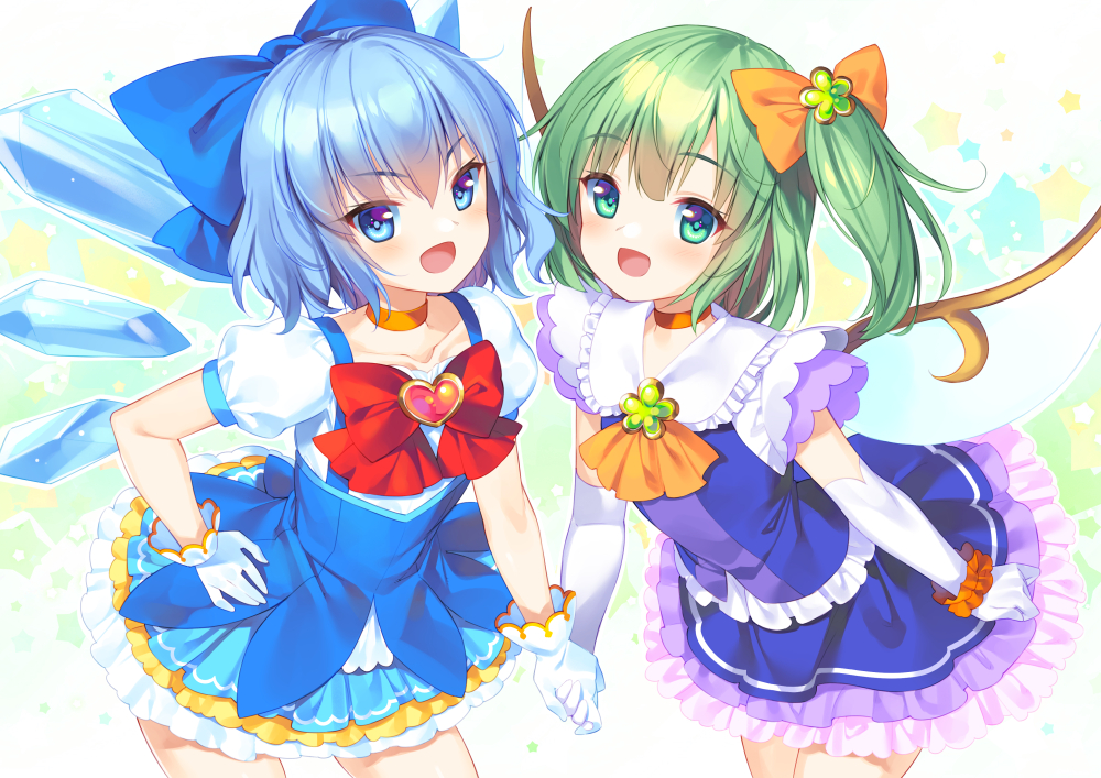 2girls :d adapted_costume ascot bangs blue_bow blue_dress blue_eyes blue_hair blush bow bowtie brooch bucchake_(asami) choker cirno collarbone commentary_request contrapposto cowboy_shot daiyousei dress elbow_gloves eyebrows_visible_through_hair fairy_wings flat_chest frilled_shirt_collar frills gloves green_eyes green_hair hair_bow hand_on_hip holding_hands ice ice_wings jewelry looking_at_viewer multiple_girls one_side_up open_mouth orange_bow orange_choker orange_neckwear petticoat puffy_short_sleeves puffy_sleeves red_bow red_neckwear short_hair short_sleeves simple_background smile star_(symbol) starry_background touhou v-shaped_eyebrows white_background white_gloves wings