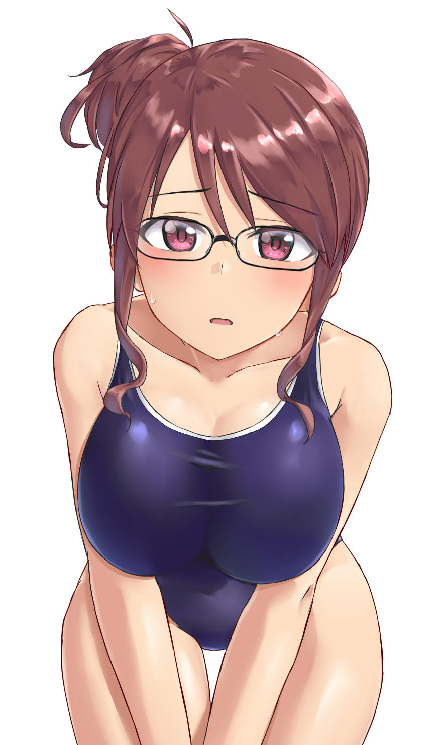 1girl aimobake bangs bespectacled black-framed_eyewear blue_swimsuit breasts brown_hair covered_navel cowboy_shot eyebrows_visible_through_hair glasses highres idolmaster idolmaster_cinderella_girls large_breasts leaning_forward looking_at_viewer mifune_miyu one-piece_swimsuit school_swimsuit short_hair side_bun sidelocks simple_background solo standing swimsuit thigh_gap v_arms violet_eyes wet white_background