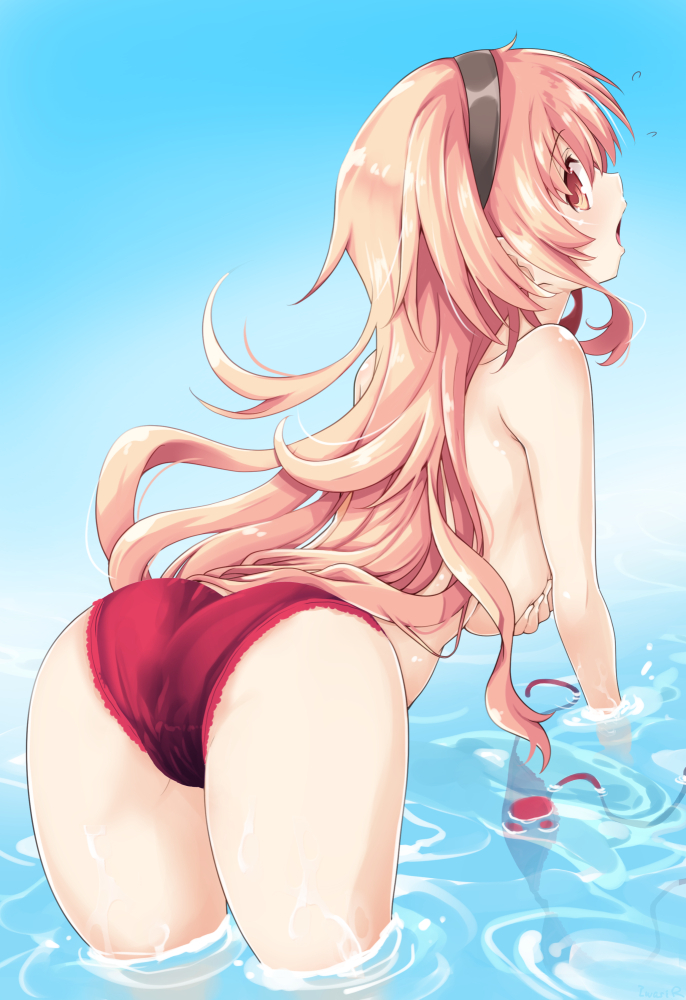 1girl ass bangs blush breasts compa covering covering_breasts eyebrows_visible_through_hair from_behind hair_between_eyes hairband iwashi_dorobou_-r- large_breasts long_hair looking_at_viewer neptune_(series) open_mouth pink_eyes pink_hair water wet